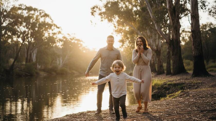 An emotional, close-up, wide-angle shot capturing authentic Warrandyte candid family moments as parents laugh joyfully while their child, mid-jump, is caught in a burst of golden hour sunlight near the Yarra River's bank in Warrandyte, Victoria, showcasing genuine connection and happiness.