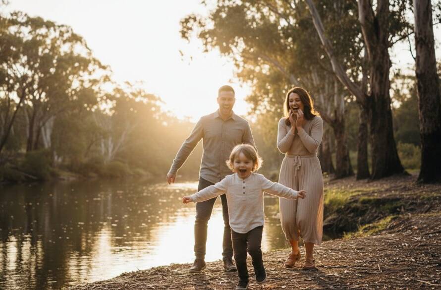An emotional, close-up, wide-angle shot capturing authentic Warrandyte candid family moments as parents laugh joyfully while their child, mid-jump, is caught in a burst of golden hour sunlight near the Yarra River's bank in Warrandyte, Victoria, showcasing genuine connection and happiness.