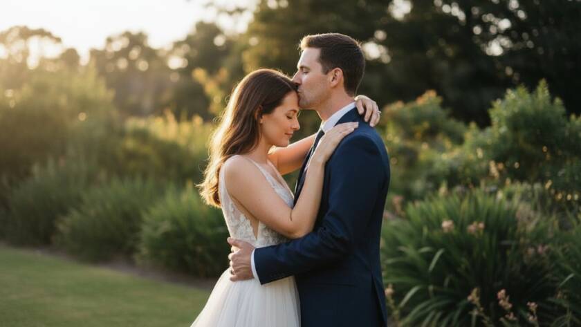 An epic moment of a newlywed couple embracing under the golden hour sun, surrounded by lush gardens in Bayswater North, perfectly Capturing Authentic Wedding Moments Bayswater North VIC with professional photography.