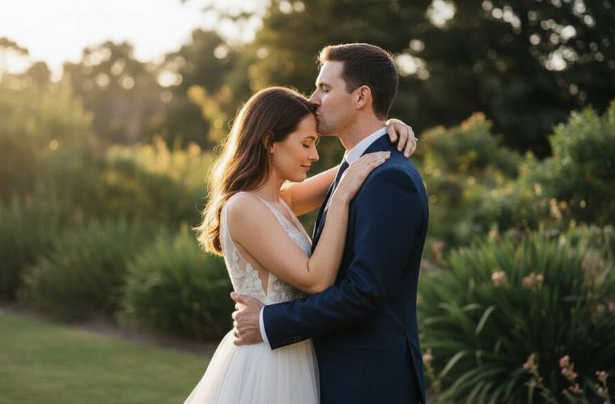 An epic moment of a newlywed couple embracing under the golden hour sun, surrounded by lush gardens in Bayswater North, perfectly Capturing Authentic Wedding Moments Bayswater North VIC with professional photography.