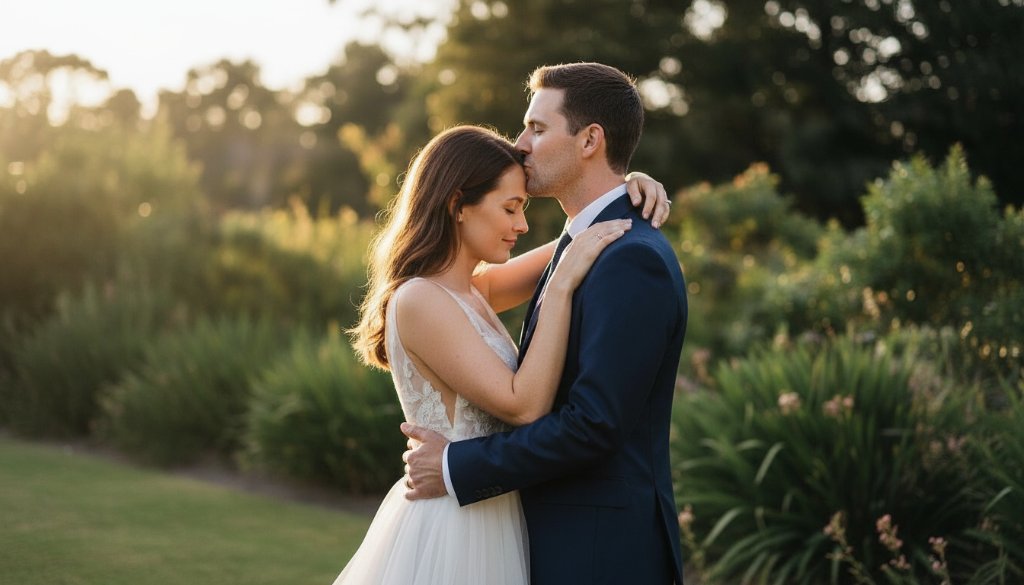 An epic moment of a newlywed couple embracing under the golden hour sun, surrounded by lush gardens in Bayswater North, perfectly Capturing Authentic Wedding Moments Bayswater North VIC with professional photography.