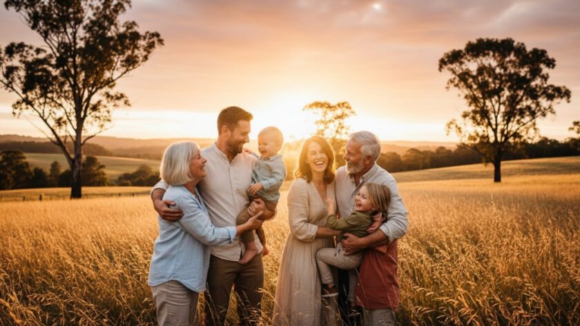 An emotional wide shot of a family embracing warmly in a sun-drenched, golden field near Woodend, Victoria, capturing authentic Woodend family moments candidly, with the dramatic light of a late afternoon glow.