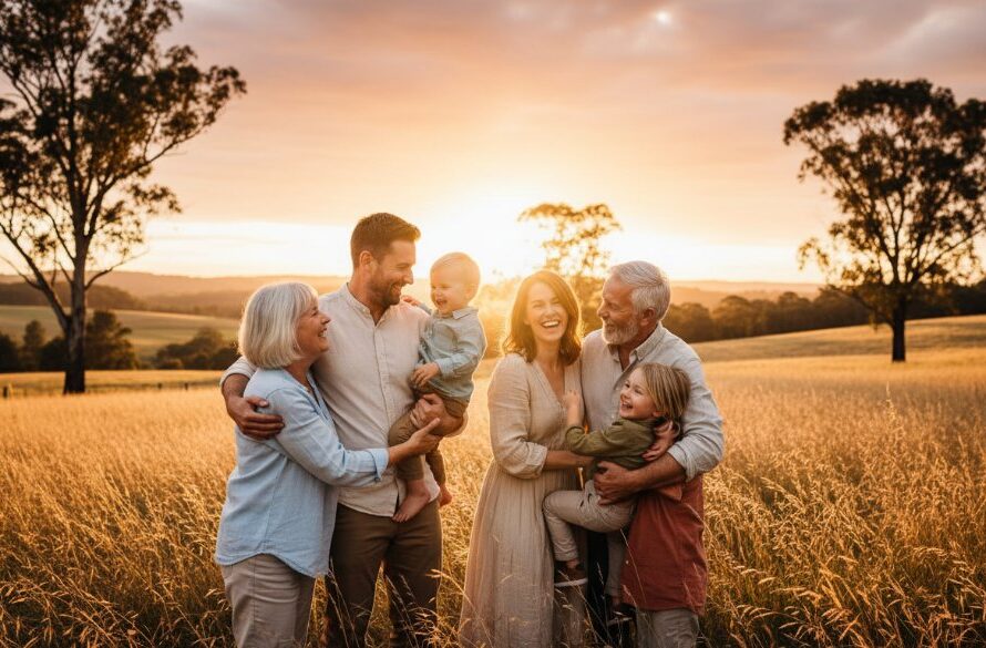 An emotional wide shot of a family embracing warmly in a sun-drenched, golden field near Woodend, Victoria, capturing authentic Woodend family moments candidly, with the dramatic light of a late afternoon glow.