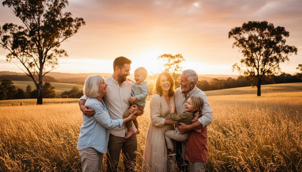 An emotional wide shot of a family embracing warmly in a sun-drenched, golden field near Woodend, Victoria, capturing authentic Woodend family moments candidly, with the dramatic light of a late afternoon glow.