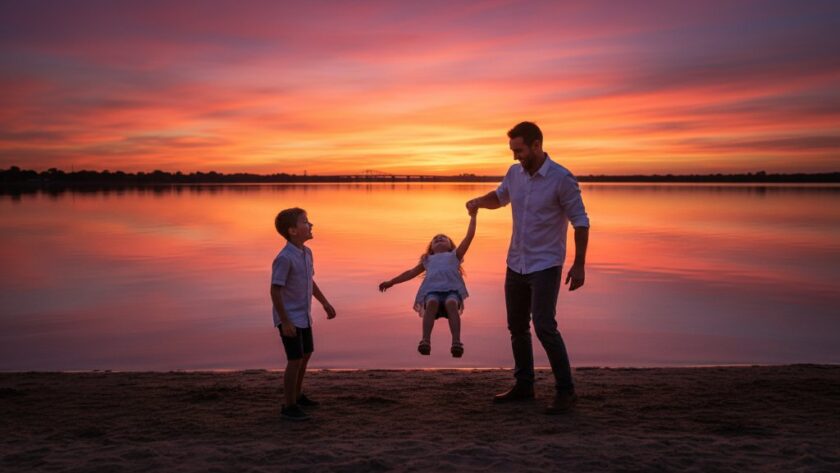 A joyous Yarrawonga family laughing by Lake Mulwala at sunset, with children running along the shore, perfectly illustrating the magic of capturing authentic Yarrawonga family moments by Lake Mulwala.