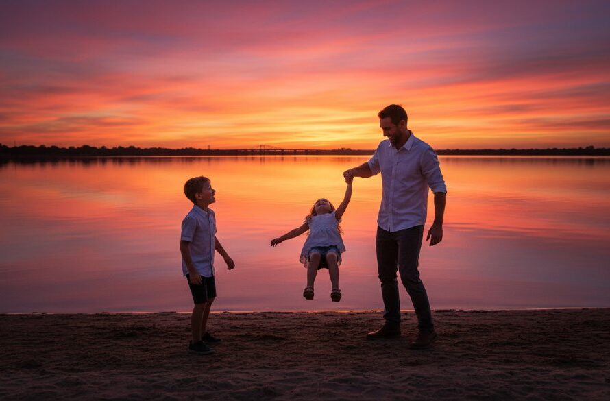 A joyous Yarrawonga family laughing by Lake Mulwala at sunset, with children running along the shore, perfectly illustrating the magic of capturing authentic Yarrawonga family moments by Lake Mulwala.