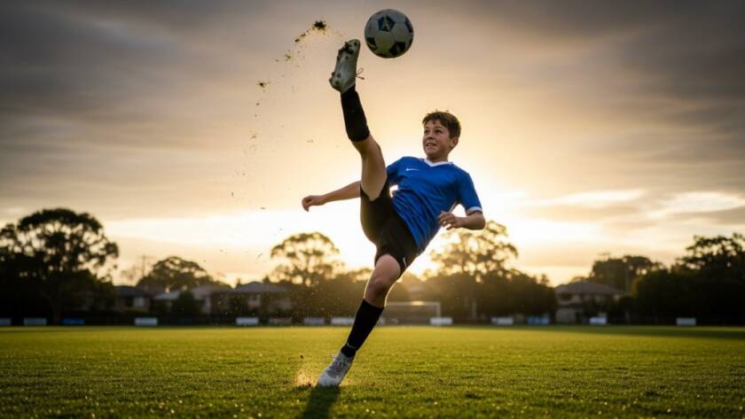 A dramatic, low-angle action shot of a young footballer in mid-kick on a sunlit field at Box Hill Gardens, capturing authentic youth sports Box Hill moments with intensity and focus.