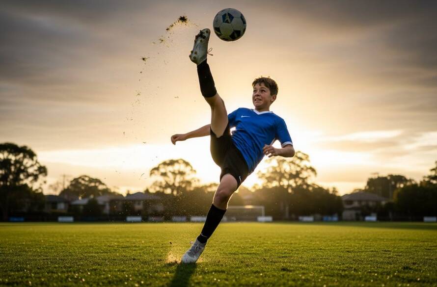 A dramatic, low-angle action shot of a young footballer in mid-kick on a sunlit field at Box Hill Gardens, capturing authentic youth sports Box Hill moments with intensity and focus.