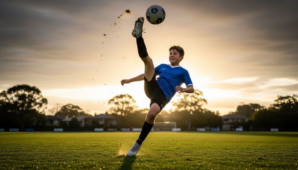 A dramatic, low-angle action shot of a young footballer in mid-kick on a sunlit field at Box Hill Gardens, capturing authentic youth sports Box Hill moments with intensity and focus.