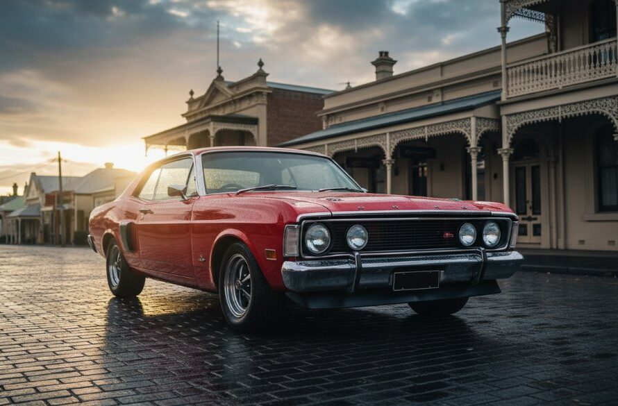A powerful vintage muscle car, perfectly lit by golden hour sun, parked amidst the historical architecture of Creswick, Victoria, an epic moment of automotive photography Creswick Victoria's charm captured with dramatic flair.