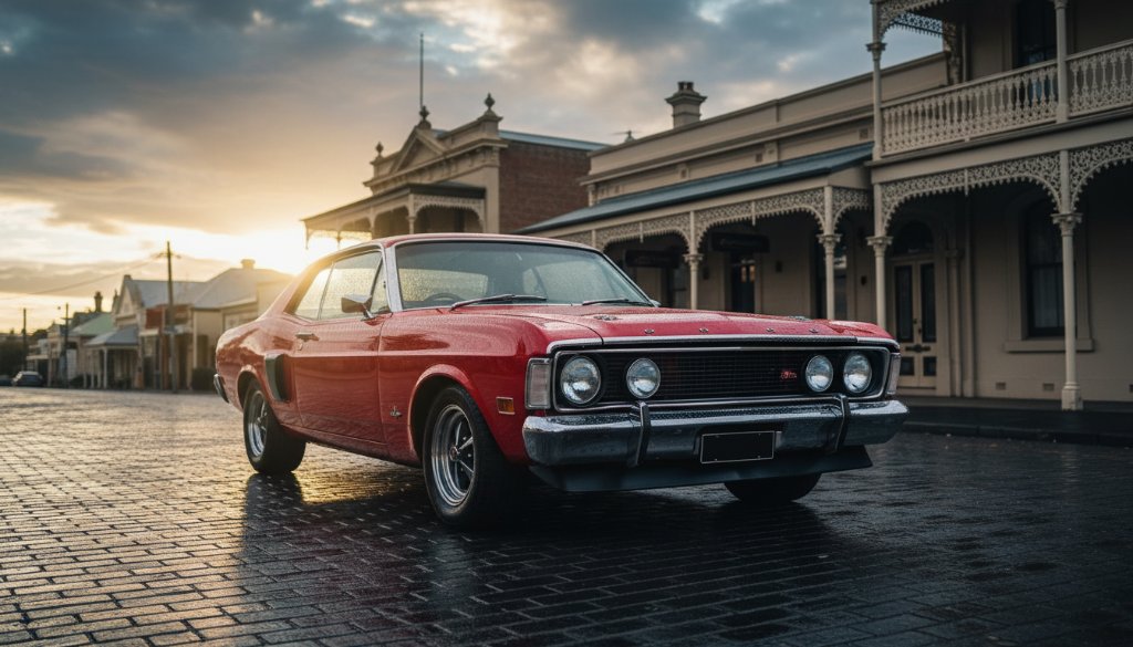 A powerful vintage muscle car, perfectly lit by golden hour sun, parked amidst the historical architecture of Creswick, Victoria, an epic moment of automotive photography Creswick Victoria's charm captured with dramatic flair.