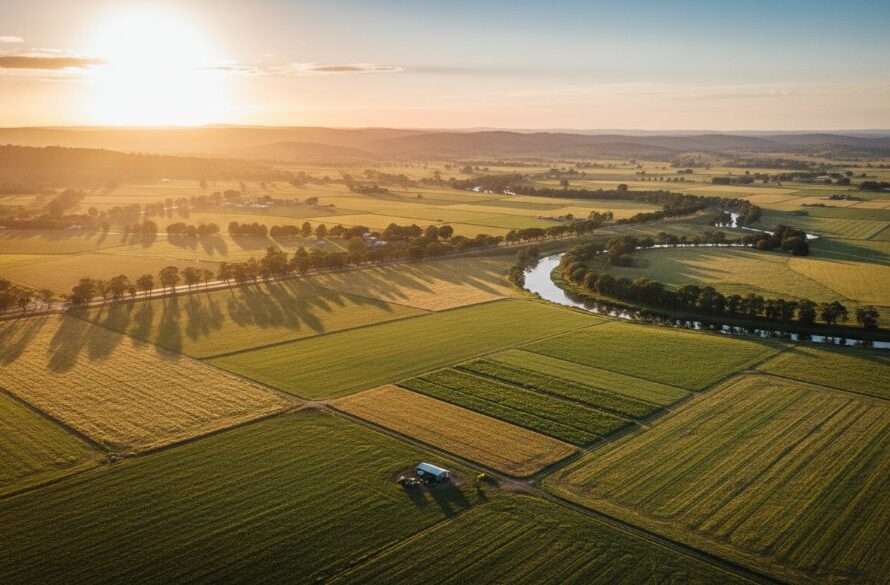 Dramatic aerial shot of the Werribee River winding through the golden fields of Bacchus Marsh at sunset, showcasing the breathtaking landscapes and highlighting the essence of Capturing Bacchus Marsh drone photography scenic views.