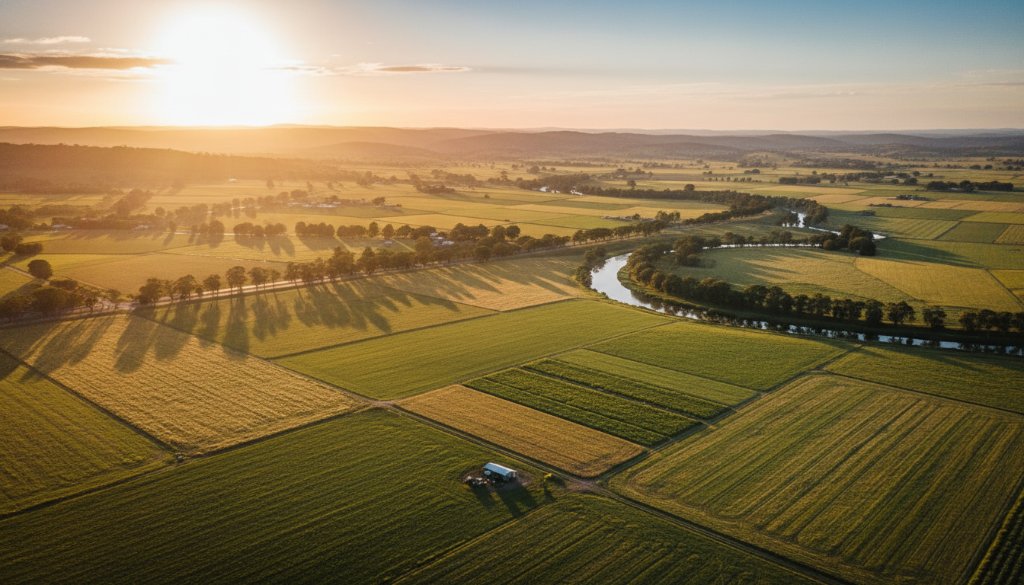 Dramatic aerial shot of the Werribee River winding through the golden fields of Bacchus Marsh at sunset, showcasing the breathtaking landscapes and highlighting the essence of Capturing Bacchus Marsh drone photography scenic views.