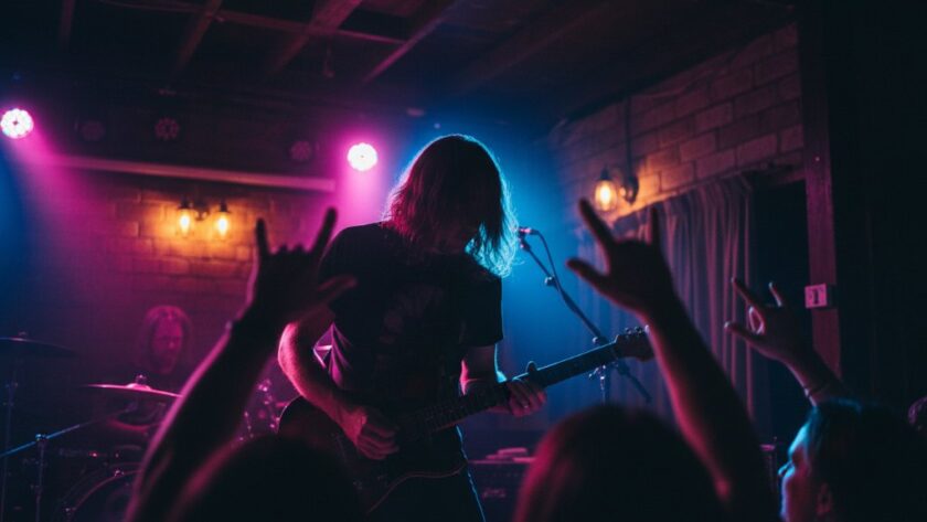 An epic moment of a lead singer silhouetted against vibrant stage lights, passionately singing into a microphone, capturing Bacchus Marsh live music energy at a bustling local venue.