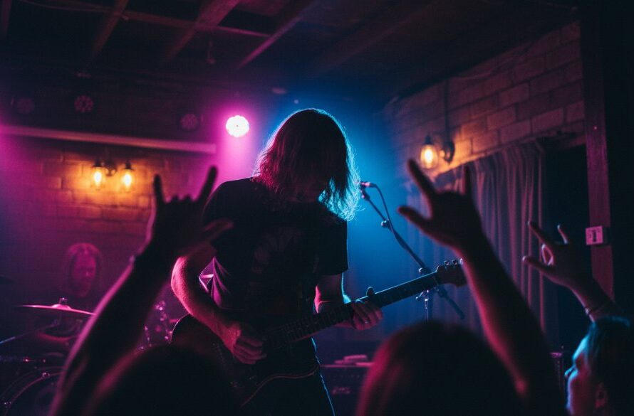 An epic moment of a lead singer silhouetted against vibrant stage lights, passionately singing into a microphone, capturing Bacchus Marsh live music energy at a bustling local venue.