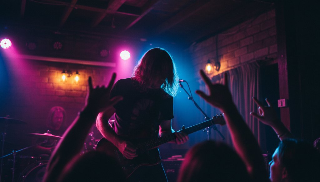 An epic moment of a lead singer silhouetted against vibrant stage lights, passionately singing into a microphone, capturing Bacchus Marsh live music energy at a bustling local venue.