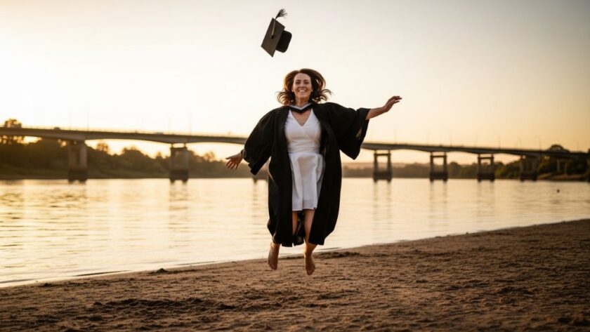 An epic moment of a graduating student joyfully tossing their cap into the air against the scenic backdrop of the Mitchell River in Bairnsdale, Victoria, captured with professional, dramatic lighting.