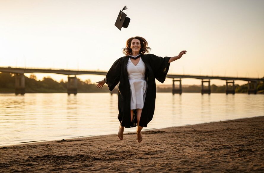 An epic moment of a graduating student joyfully tossing their cap into the air against the scenic backdrop of the Mitchell River in Bairnsdale, Victoria, captured with professional, dramatic lighting.