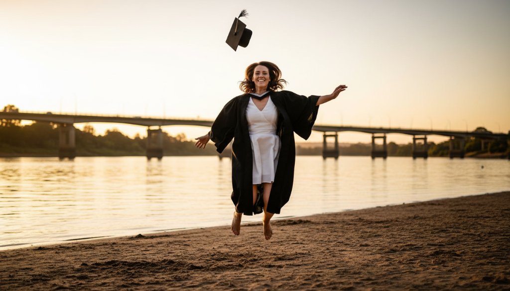 An epic moment of a graduating student joyfully tossing their cap into the air against the scenic backdrop of the Mitchell River in Bairnsdale, Victoria, captured with professional, dramatic lighting.