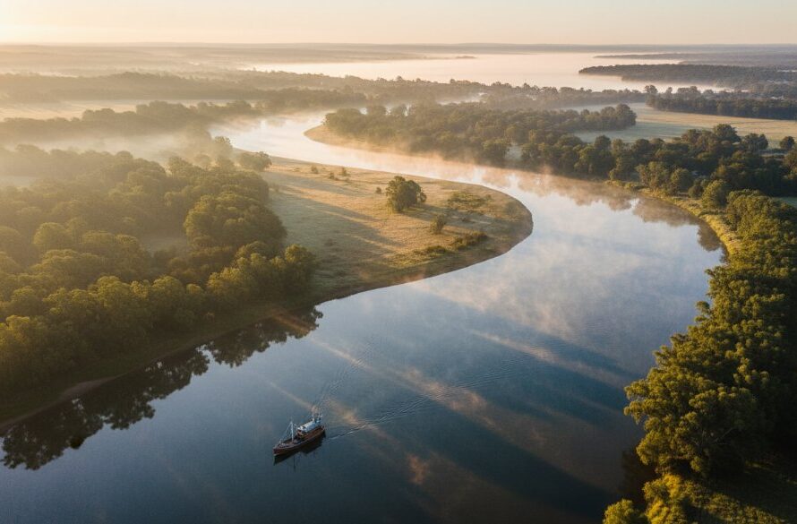 An epic aerial photograph capturing Bairnsdale's beauty via drone photography at sunset, showing the Mitchell River winding through the town towards Lake King, with warm golden light illuminating boats docked along the riverbanks and the distant hills, conveying a serene yet grand perspective.