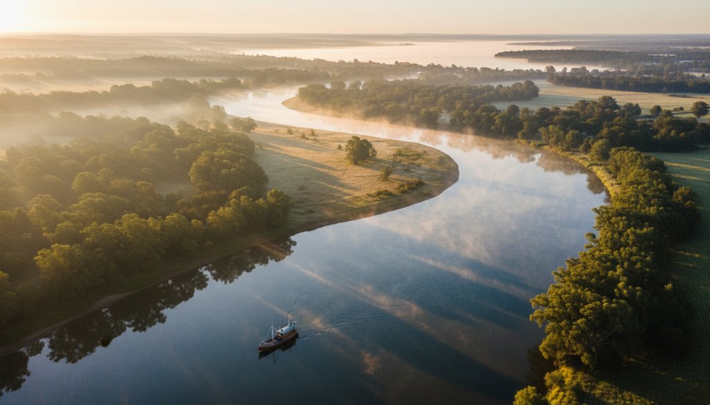 An epic aerial photograph capturing Bairnsdale's beauty via drone photography at sunset, showing the Mitchell River winding through the town towards Lake King, with warm golden light illuminating boats docked along the riverbanks and the distant hills, conveying a serene yet grand perspective.