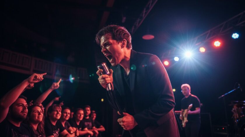 A dynamic and emotionally charged image capturing Ballarat Central live music moments, showcasing a lead singer mid-performance under dramatic stage lighting, with a blurred, energetic crowd in the foreground. Professional color grading highlights the raw emotion and vibrant energy of the concert.