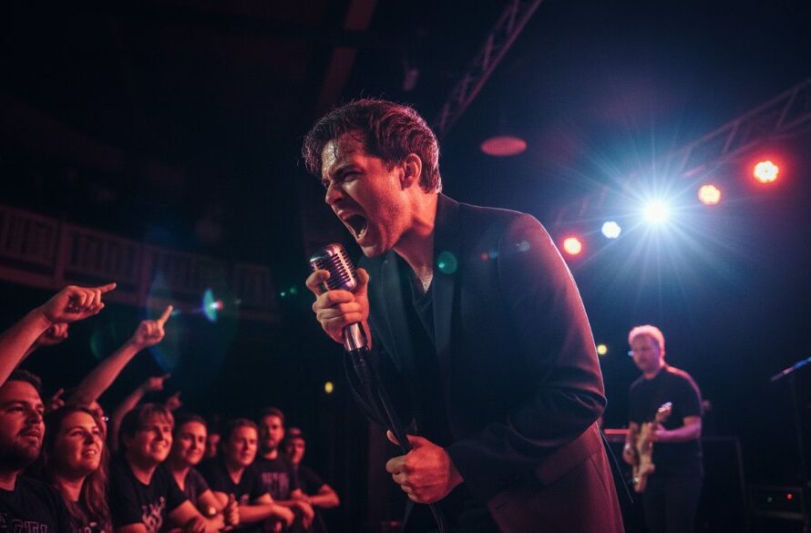 A dynamic and emotionally charged image capturing Ballarat Central live music moments, showcasing a lead singer mid-performance under dramatic stage lighting, with a blurred, energetic crowd in the foreground. Professional color grading highlights the raw emotion and vibrant energy of the concert.