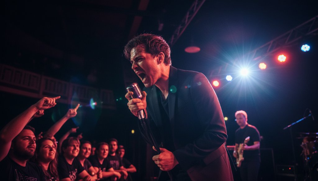 A dynamic and emotionally charged image capturing Ballarat Central live music moments, showcasing a lead singer mid-performance under dramatic stage lighting, with a blurred, energetic crowd in the foreground. Professional color grading highlights the raw emotion and vibrant energy of the concert.
