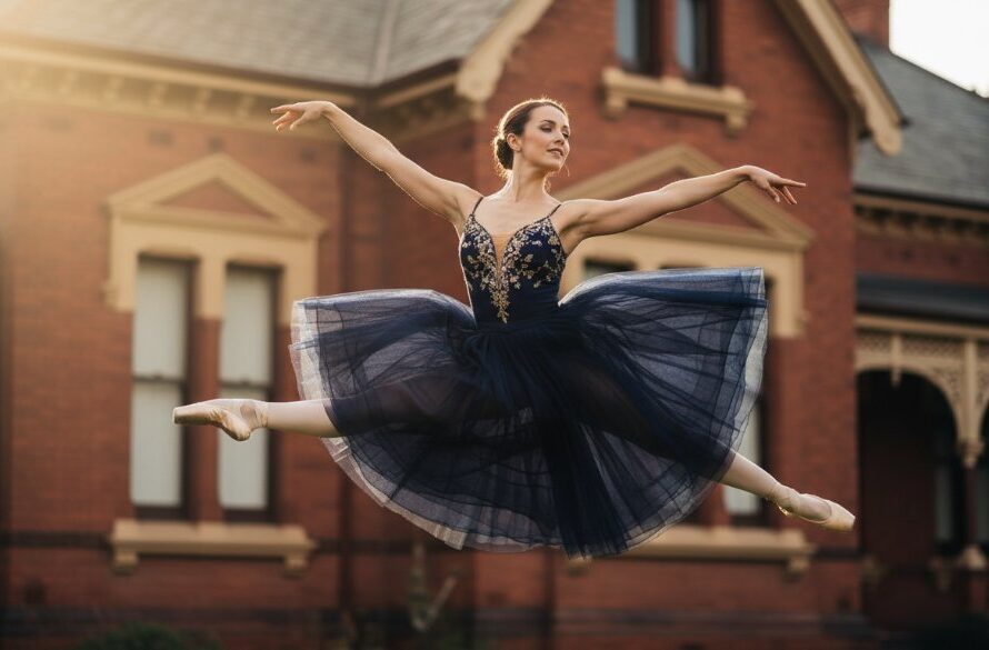A powerful, dramatically lit photograph of a ballet dancer mid-leap, showcasing the exquisite form and emotion of capturing ballet grace Soldiers Hill Victoria, with a historic Soldiers Hill building subtly blurred in the background.