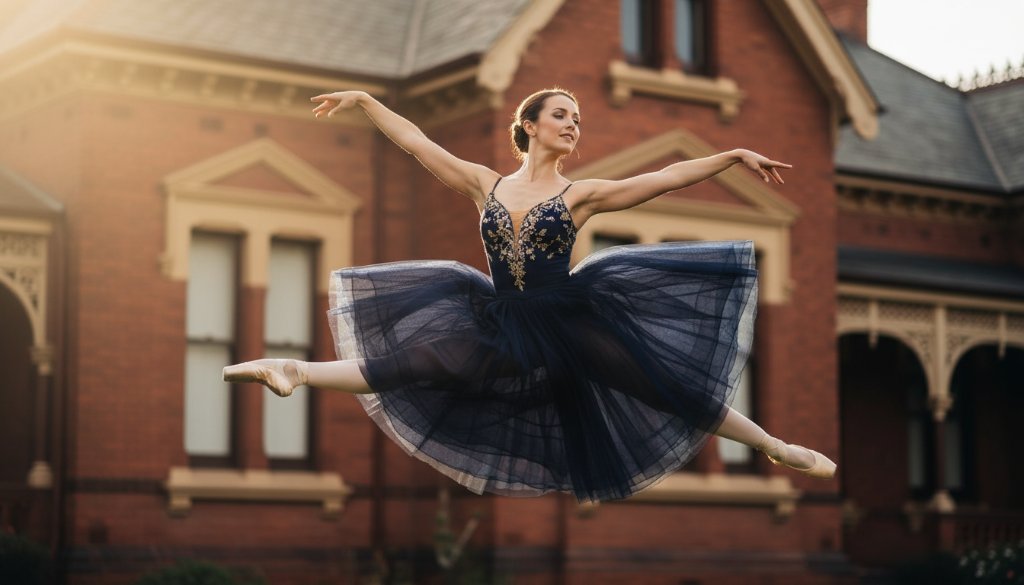 A powerful, dramatically lit photograph of a ballet dancer mid-leap, showcasing the exquisite form and emotion of capturing ballet grace Soldiers Hill Victoria, with a historic Soldiers Hill building subtly blurred in the background.