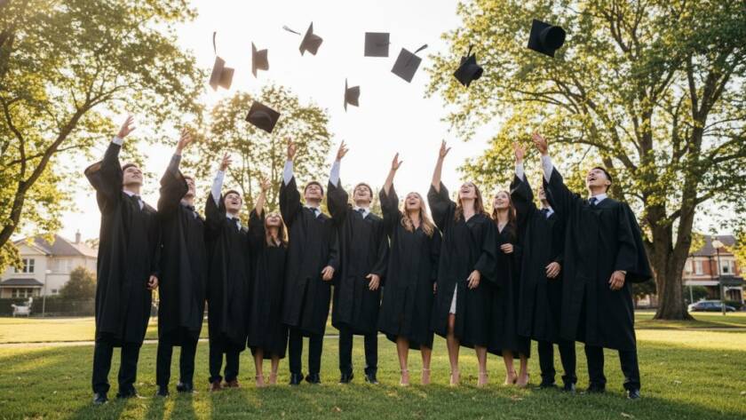 A triumphant graduate, beaming with pride, throws their cap into the air against the iconic backdrop of Balwyn, perfectly embodying the spirit of Capturing Balwyn High School graduation joy with professional photography.