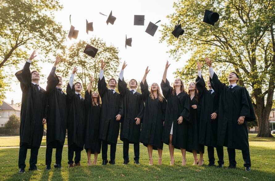 A triumphant graduate, beaming with pride, throws their cap into the air against the iconic backdrop of Balwyn, perfectly embodying the spirit of Capturing Balwyn High School graduation joy with professional photography.