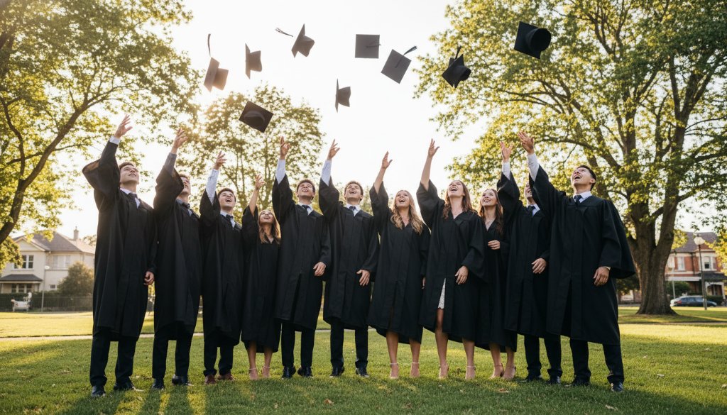 A triumphant graduate, beaming with pride, throws their cap into the air against the iconic backdrop of Balwyn, perfectly embodying the spirit of Capturing Balwyn High School graduation joy with professional photography.