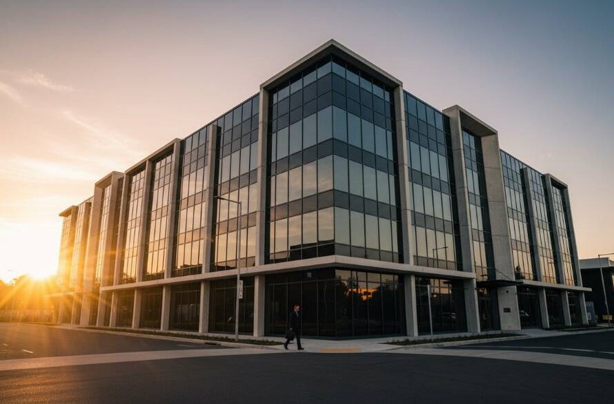 Dramatic wide-angle shot of a contemporary building in Bayswater, Victoria, bathed in the golden hour light, showcasing the precision and artistry of Capturing Bayswater architectural photography Victoria, with sharp lines and reflective surfaces.