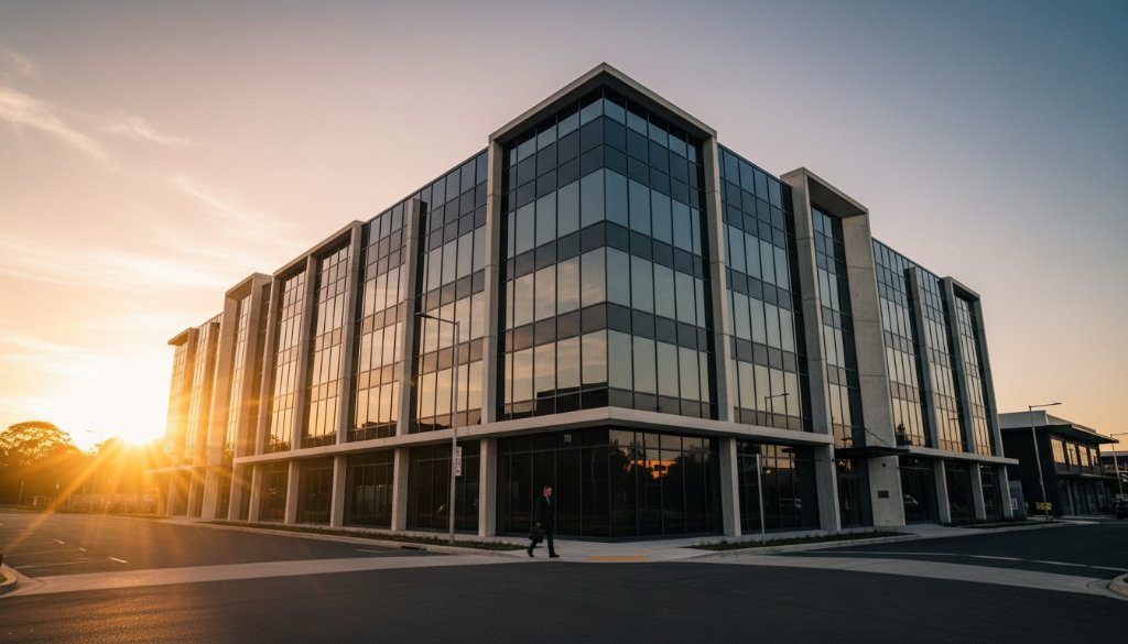 Dramatic wide-angle shot of a contemporary building in Bayswater, Victoria, bathed in the golden hour light, showcasing the precision and artistry of Capturing Bayswater architectural photography Victoria, with sharp lines and reflective surfaces.