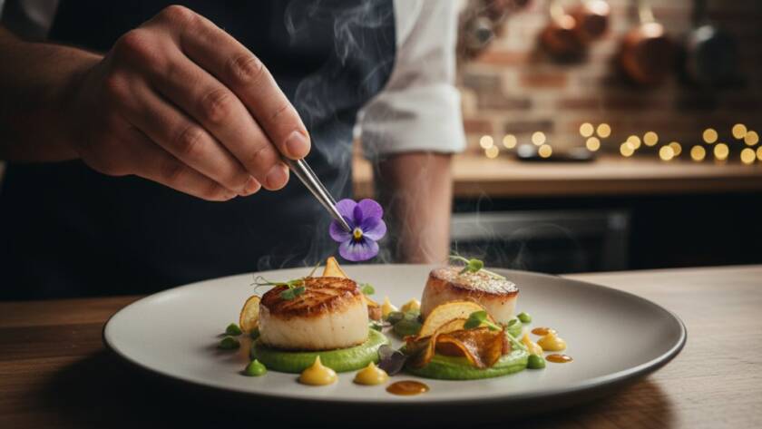 A dynamic, close-up shot of a perfectly plated gourmet dish, steam gently rising, in a rustic yet elegant Bayswater eatery, expertly showcasing the vibrant colours and textures through professional lighting, embodying the essence of capturing Bayswater Victoria culinary art photography.