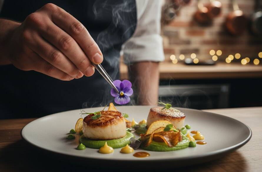 A dynamic, close-up shot of a perfectly plated gourmet dish, steam gently rising, in a rustic yet elegant Bayswater eatery, expertly showcasing the vibrant colours and textures through professional lighting, embodying the essence of capturing Bayswater Victoria culinary art photography.