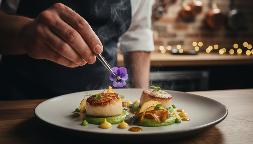 A dynamic, close-up shot of a perfectly plated gourmet dish, steam gently rising, in a rustic yet elegant Bayswater eatery, expertly showcasing the vibrant colours and textures through professional lighting, embodying the essence of capturing Bayswater Victoria culinary art photography.