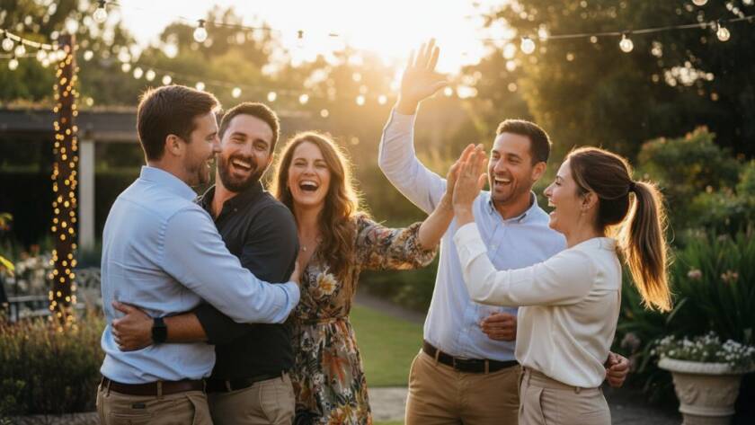 An epic moment of pure joy and laughter, featuring a group of friends celebrating vibrantly at a Bayswater party, perfectly capturing Bayswater Victoria's unforgettable party moments under warm, dramatic lighting, showcasing genuine emotion.