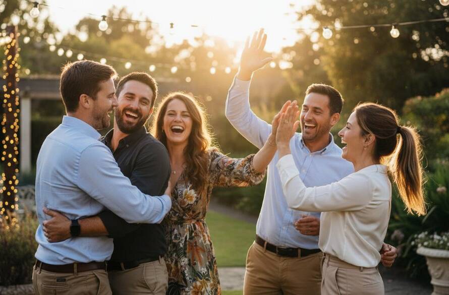 An epic moment of pure joy and laughter, featuring a group of friends celebrating vibrantly at a Bayswater party, perfectly capturing Bayswater Victoria's unforgettable party moments under warm, dramatic lighting, showcasing genuine emotion.