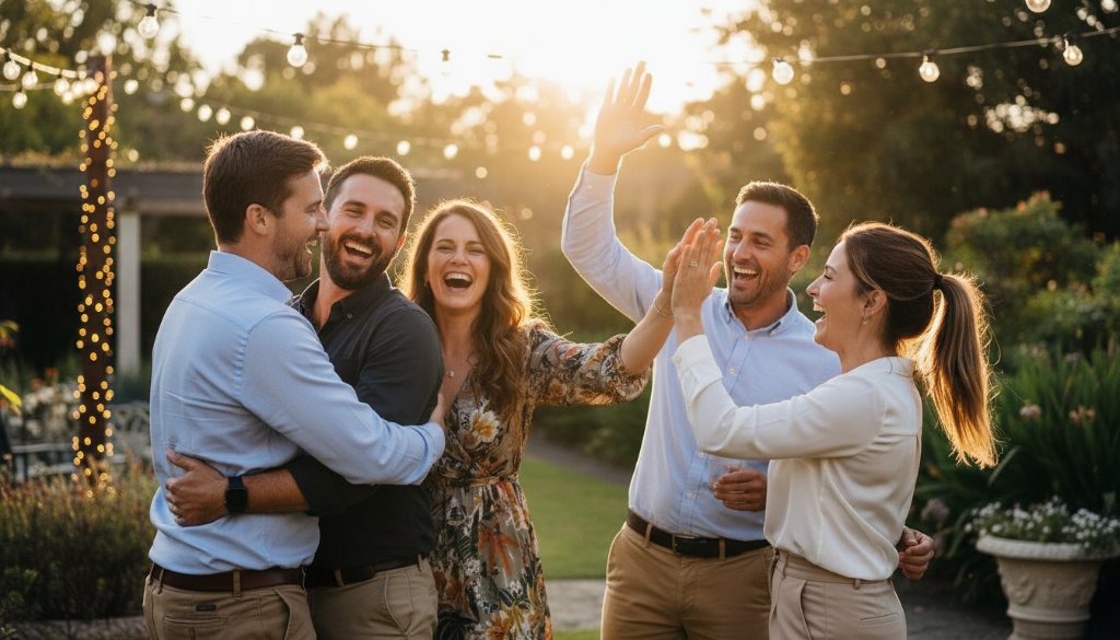 An epic moment of pure joy and laughter, featuring a group of friends celebrating vibrantly at a Bayswater party, perfectly capturing Bayswater Victoria's unforgettable party moments under warm, dramatic lighting, showcasing genuine emotion.