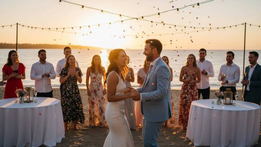 A wide shot capturing Beaumaris Coastal Events with Professional Photography, showing a joyous family celebration on Black Rock beach at sunset, with guests laughing, sparkling drinks in hand, and the golden hour light reflecting off the water, encapsulating an epic, unforgettable moment.