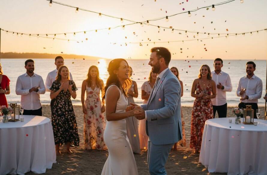 A wide shot capturing Beaumaris Coastal Events with Professional Photography, showing a joyous family celebration on Black Rock beach at sunset, with guests laughing, sparkling drinks in hand, and the golden hour light reflecting off the water, encapsulating an epic, unforgettable moment.