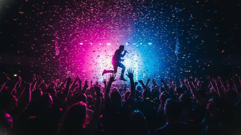 An electrifying shot showcasing the peak of a live performance, capturing Beaumaris live music event photography with a lead singer silhouetted by vibrant stage lights, confetti, and an ecstatic crowd at a Beaumaris venue.