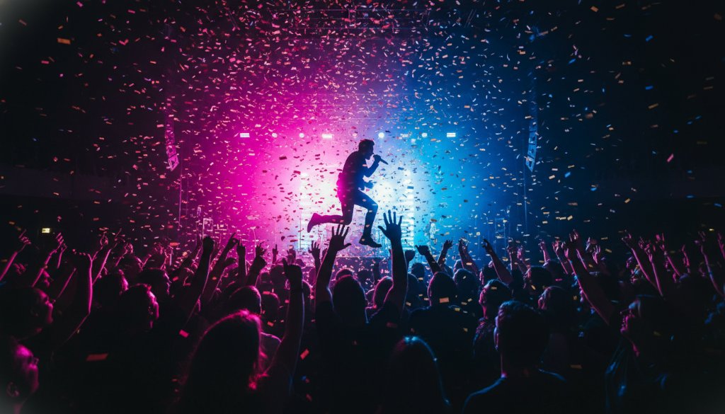 An electrifying shot showcasing the peak of a live performance, capturing Beaumaris live music event photography with a lead singer silhouetted by vibrant stage lights, confetti, and an ecstatic crowd at a Beaumaris venue.