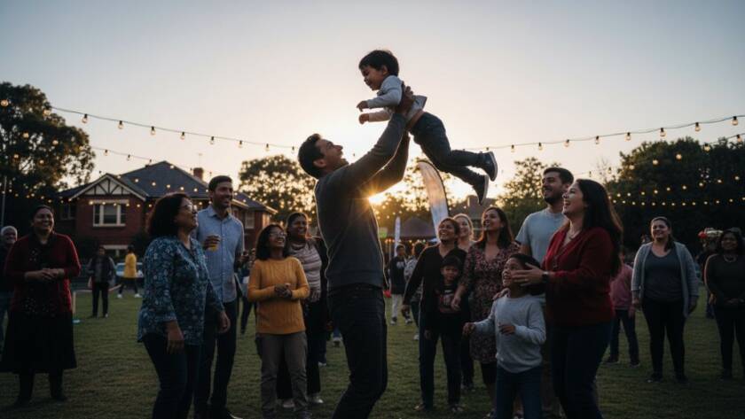 An emotional, candid wide shot of a multi-generational family celebrating a local festival in Bentleigh East, Victoria, captured during 'Capturing Bentleigh East Community Event Photography Moments', with warm evening light silhouetting joyful faces.