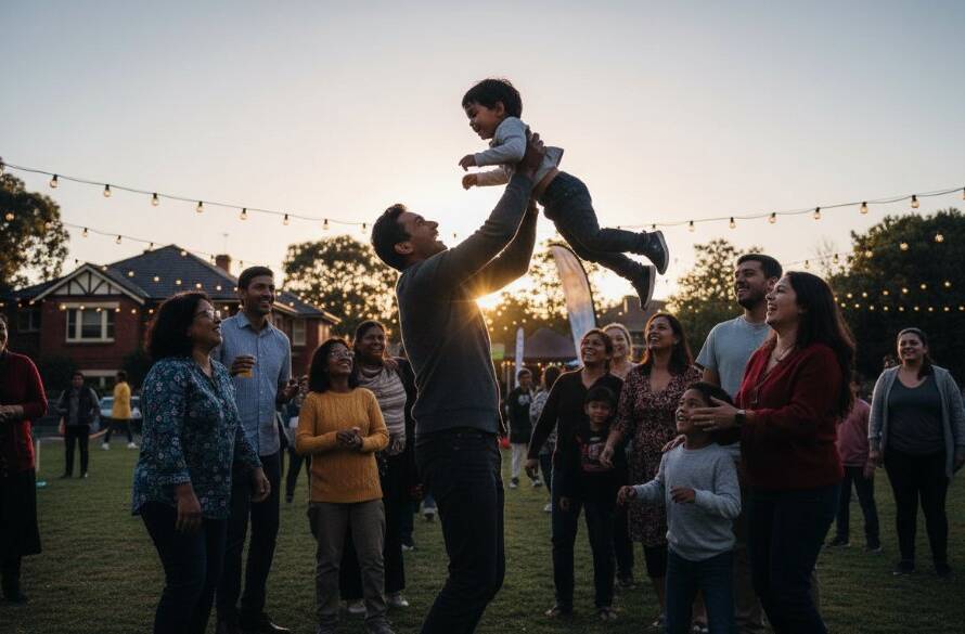 An emotional, candid wide shot of a multi-generational family celebrating a local festival in Bentleigh East, Victoria, captured during 'Capturing Bentleigh East Community Event Photography Moments', with warm evening light silhouetting joyful faces.