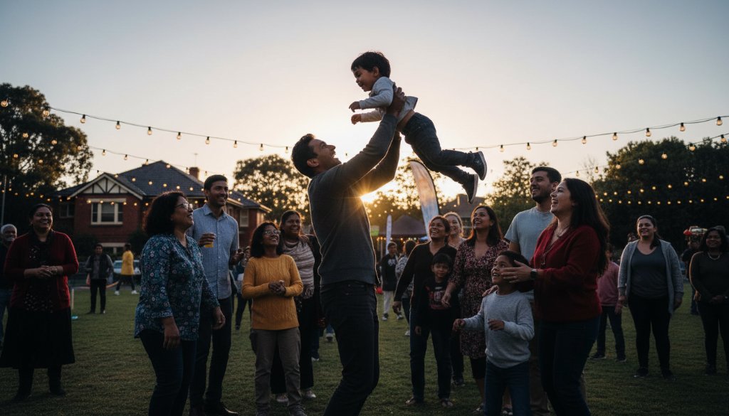 An emotional, candid wide shot of a multi-generational family celebrating a local festival in Bentleigh East, Victoria, captured during 'Capturing Bentleigh East Community Event Photography Moments', with warm evening light silhouetting joyful faces.