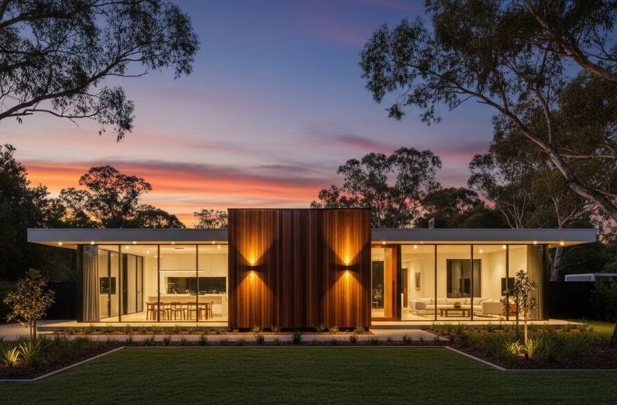 An epic, professionally colour-graded photograph showcasing the modern exterior of a bespoke home in Park Orchards at twilight, with dramatic lighting, perfect for capturing bespoke home architecture Park Orchards.