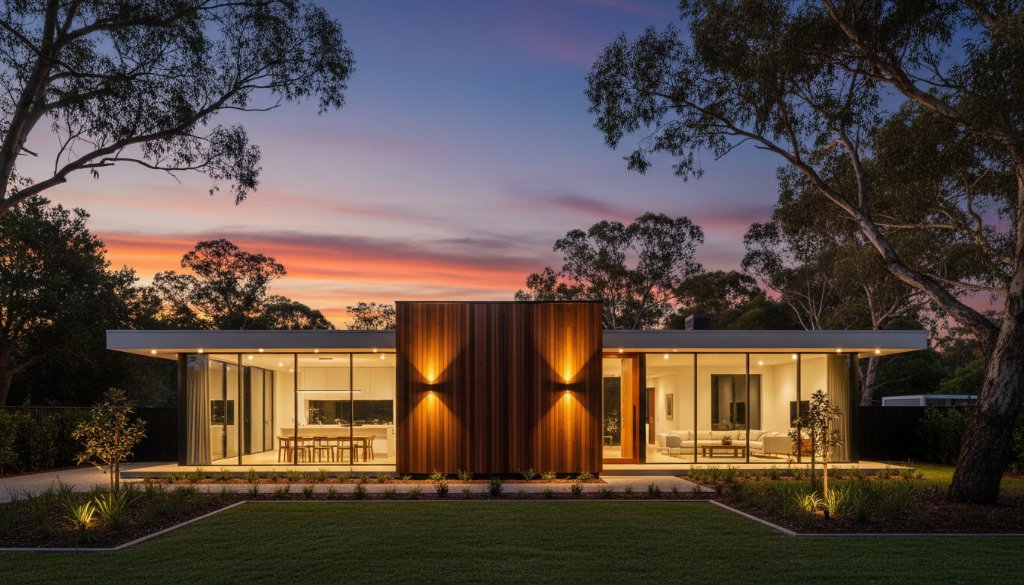 An epic, professionally colour-graded photograph showcasing the modern exterior of a bespoke home in Park Orchards at twilight, with dramatic lighting, perfect for capturing bespoke home architecture Park Orchards.